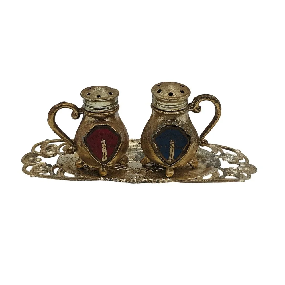 Vintage Mini Metal Salt Pepper Shakers Tray Statue Of Liberty New York Gold Gift